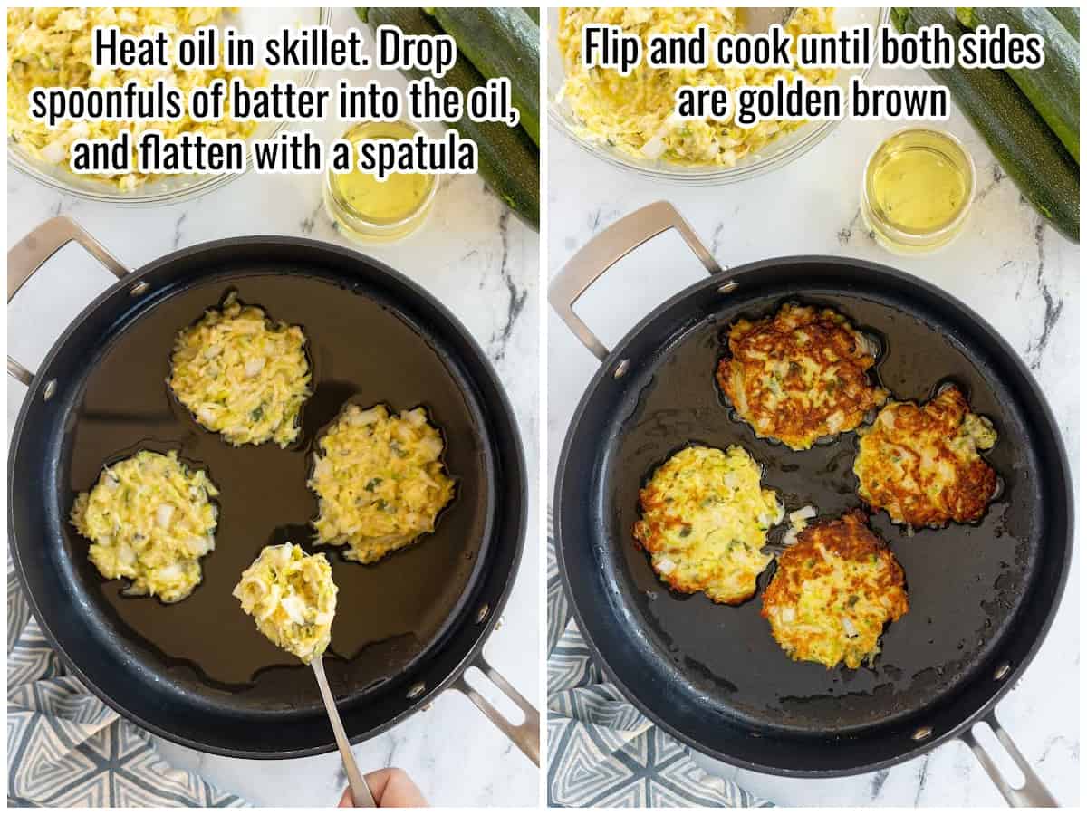 step by step of frying zucchini fritters in a cast iron pan