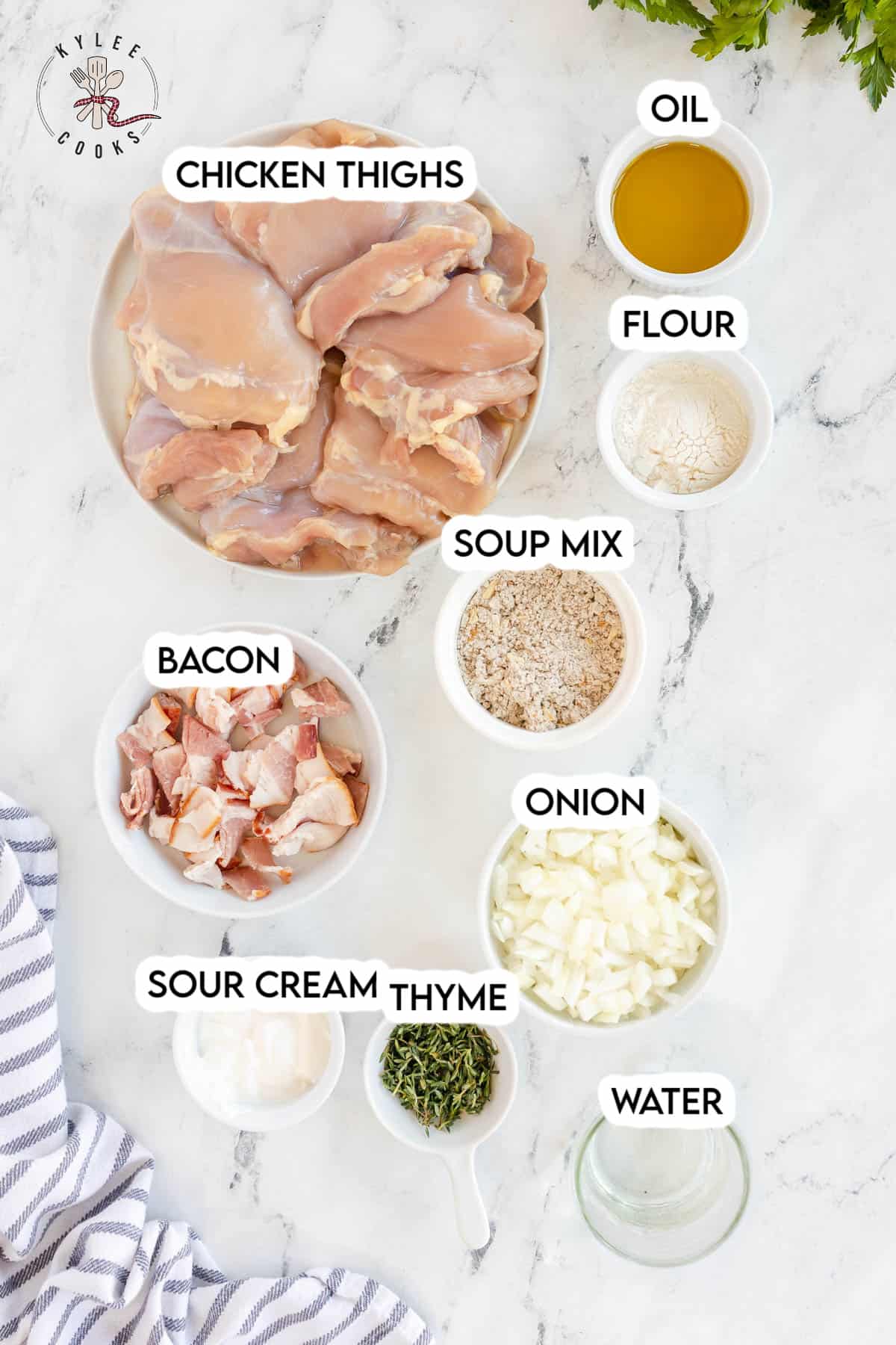 ingredients to make smothered chicken laid out and labeled.