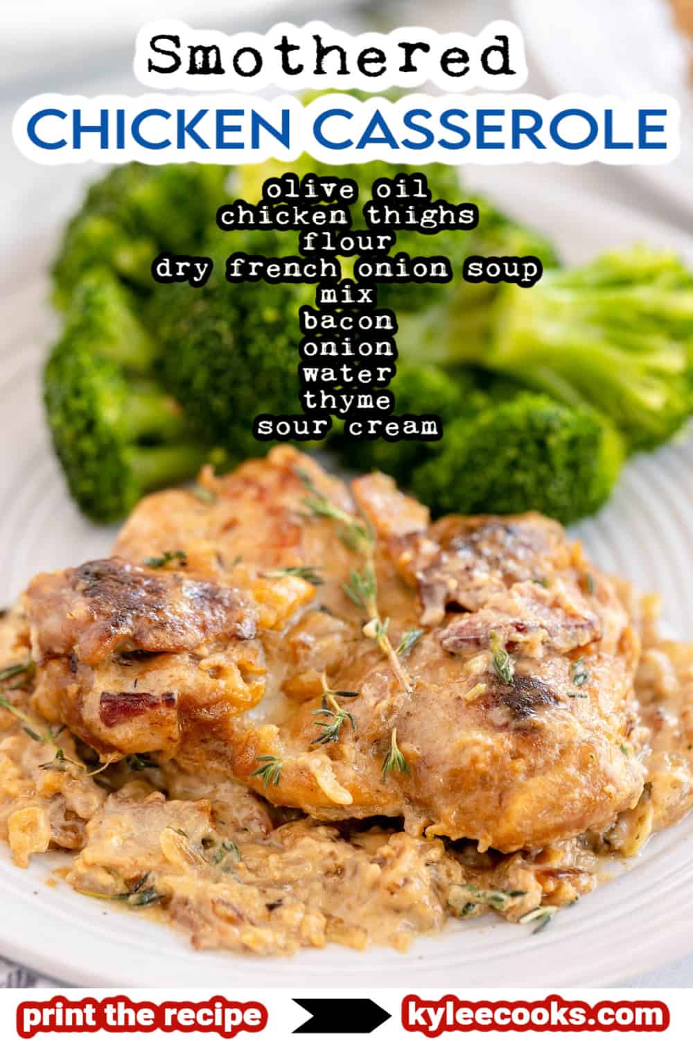 smothered chicken casserole in a white dish with a wooden spoon, recipe name overlaid in text.