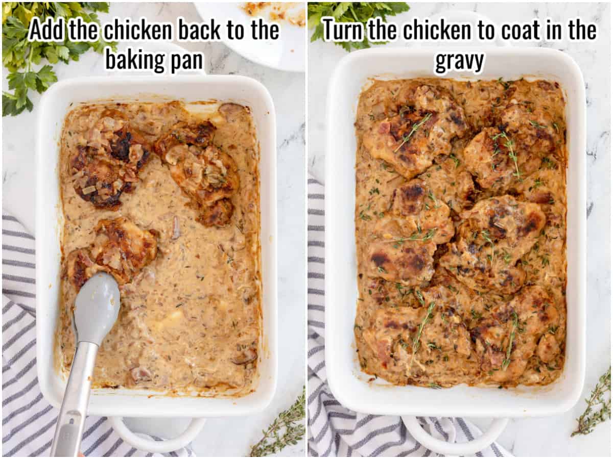 collage of process shots showing a baking dish with chicken.