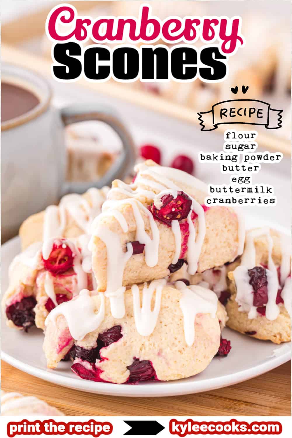 cranberry scones on a white plate with ingredients and the recipe title overlaid in text.