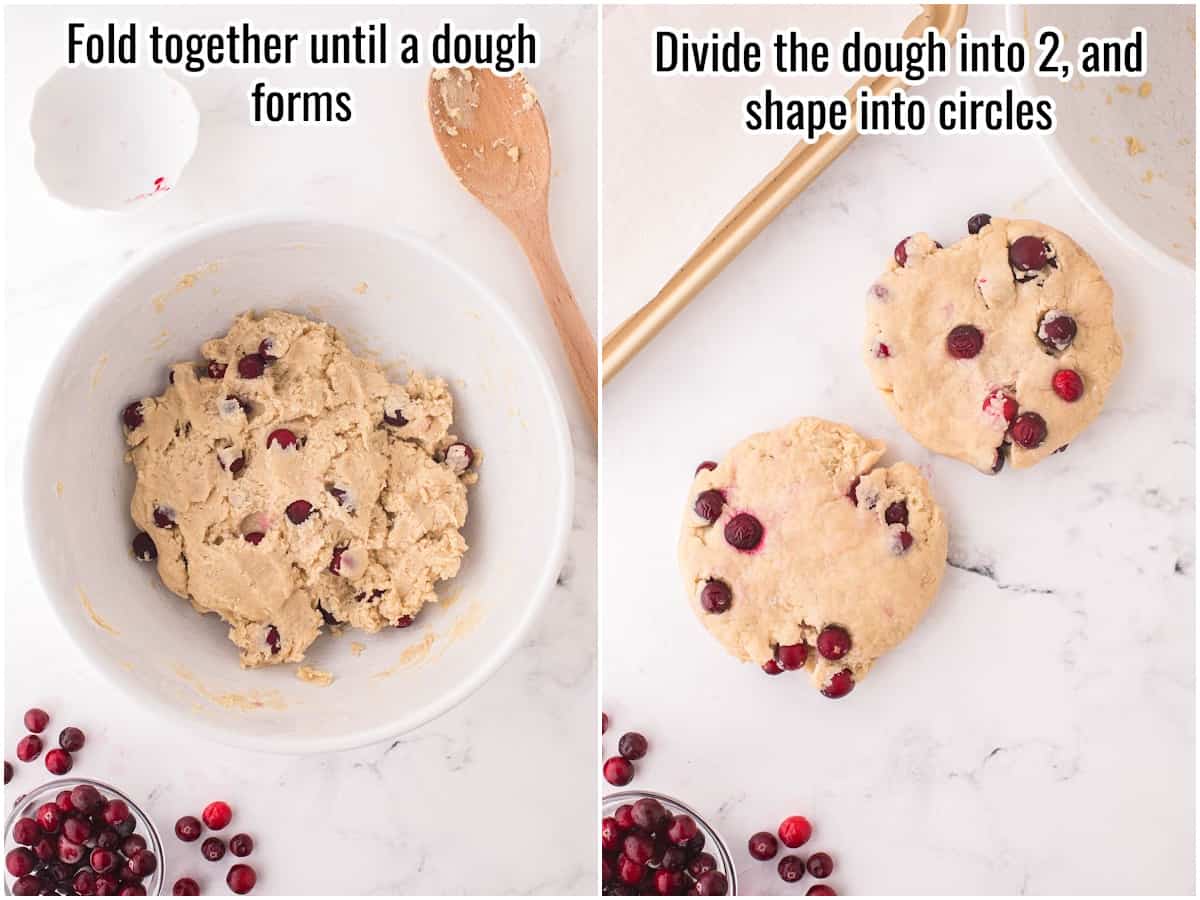 collage of scone dough being shaped into a disk.