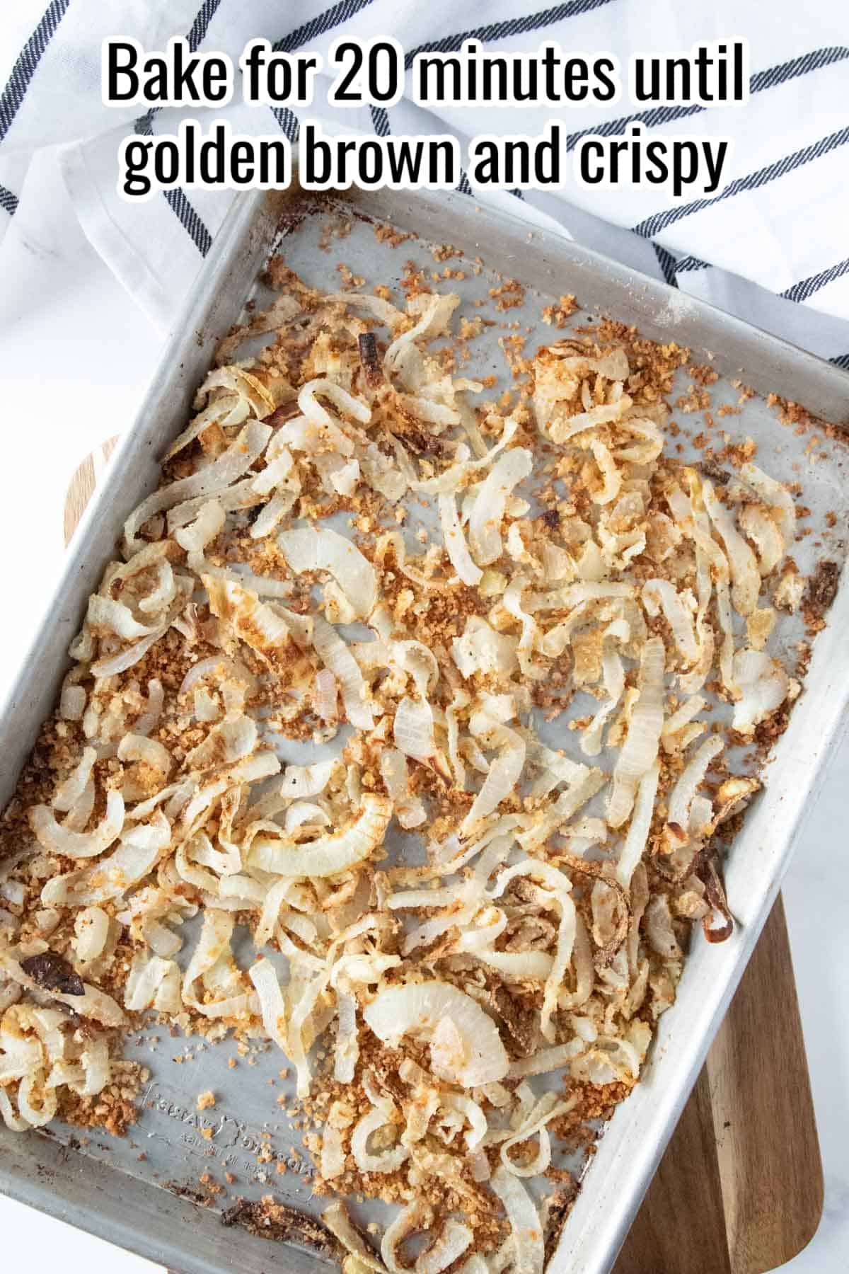 homemade french fried onions on a sheet pan.