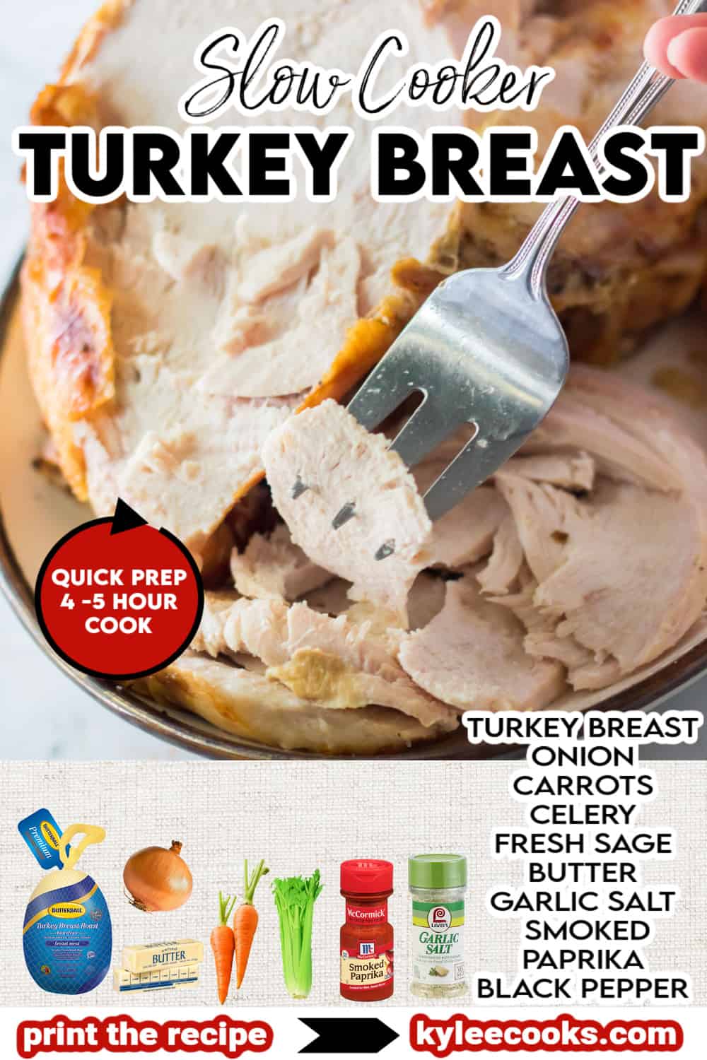 Slow Cooker Turkey Breast that is sliced, and on a fork with recipe name overlaid in text.
