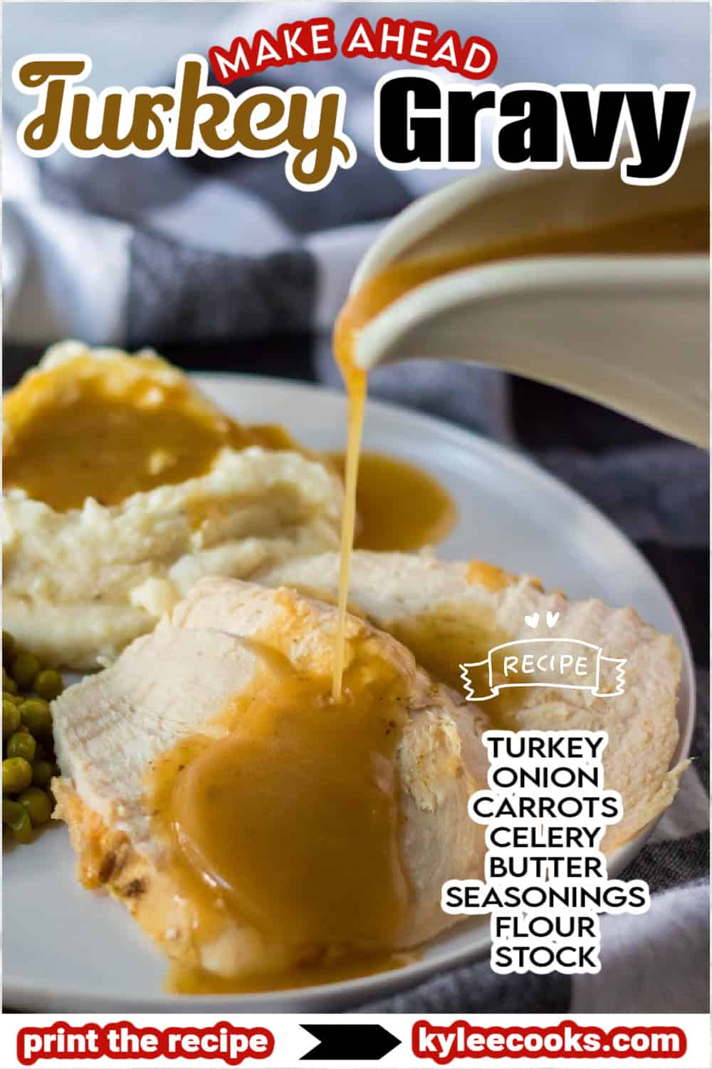 gravy being poured over turkey with text overlaid.