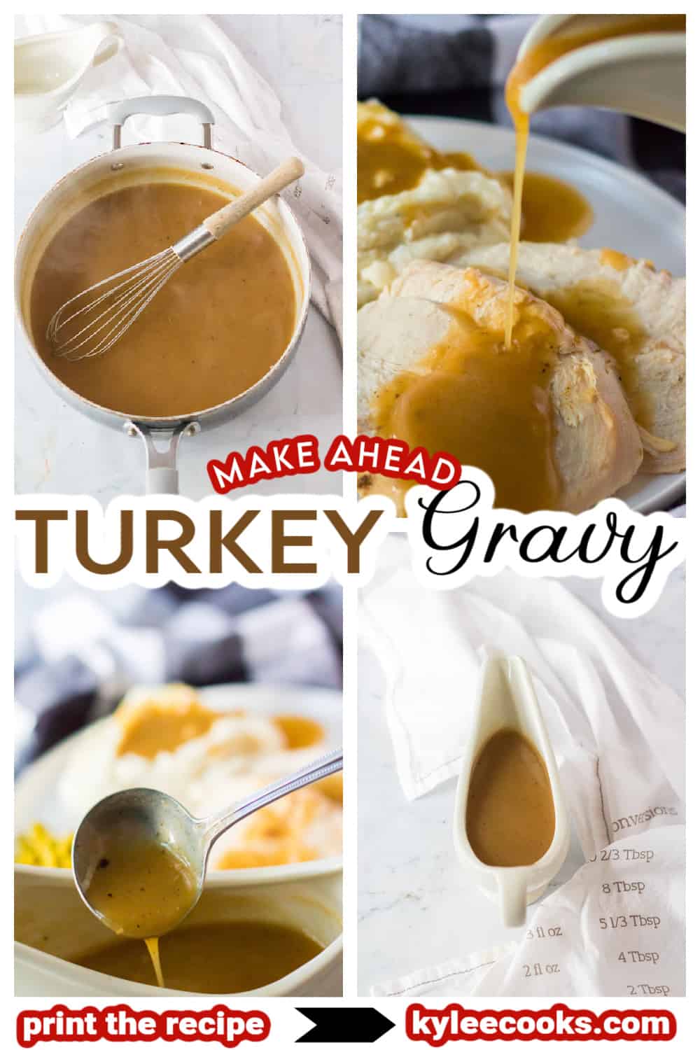 gravy in a ladle with text overlaid.
