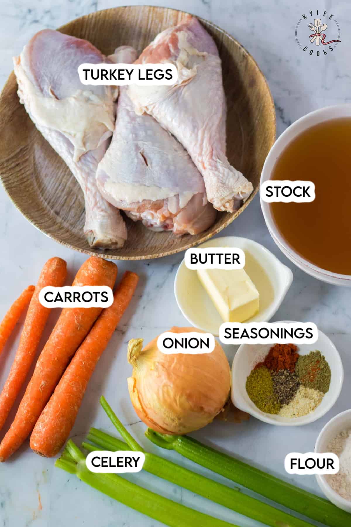 ingredients for make ahead gravy laid out and labeled.