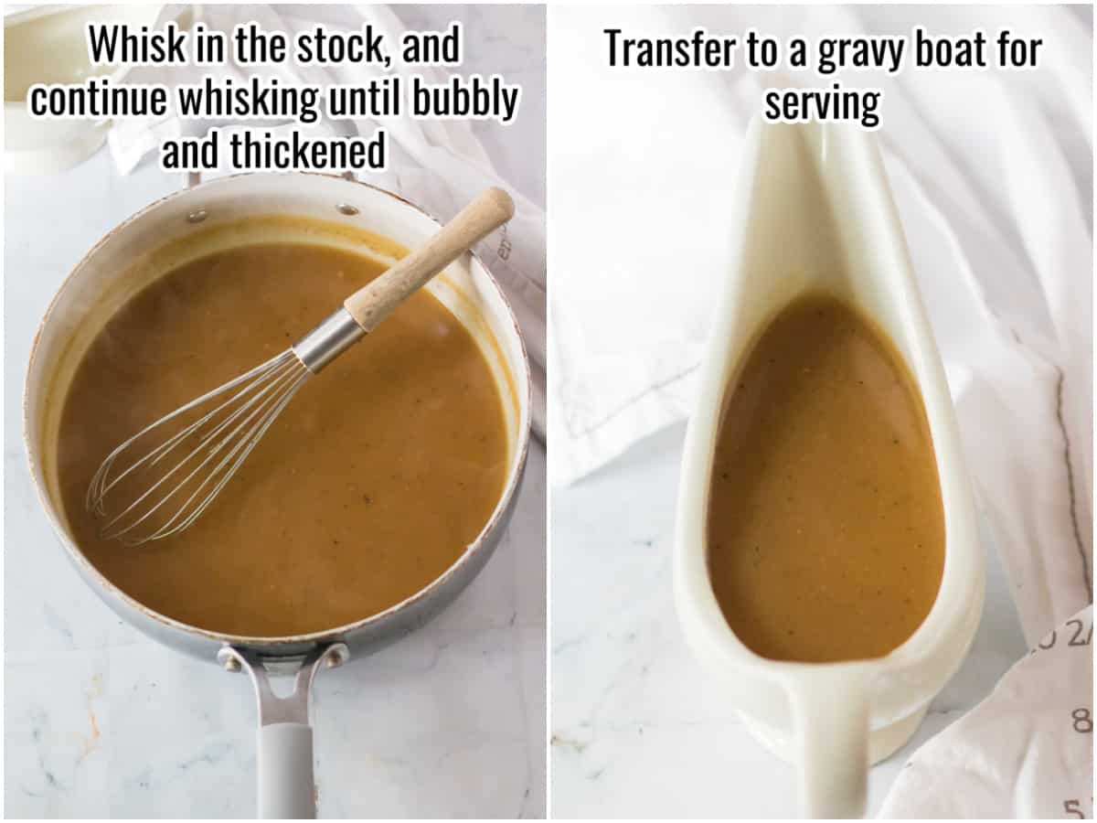 collage of process shots showing cooked gravy, and gravy in a white gravy boat.