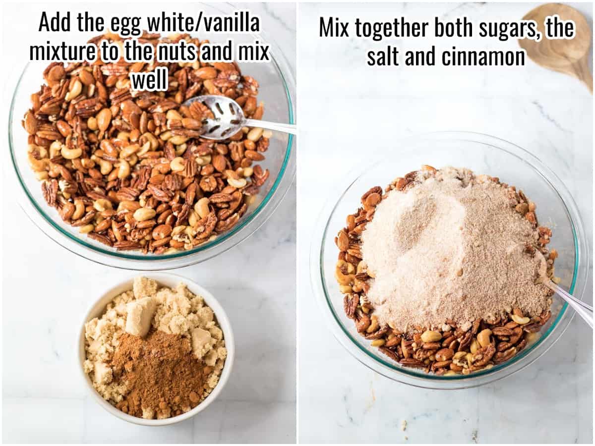 collage of process to make candied nuts - mixing eggwhites and sugar.