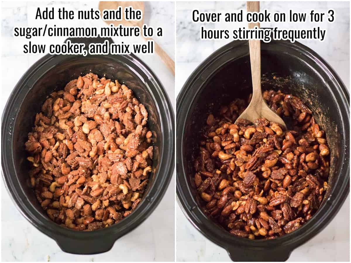 collage of uncooked and cooked nuts in a black slow cooker.