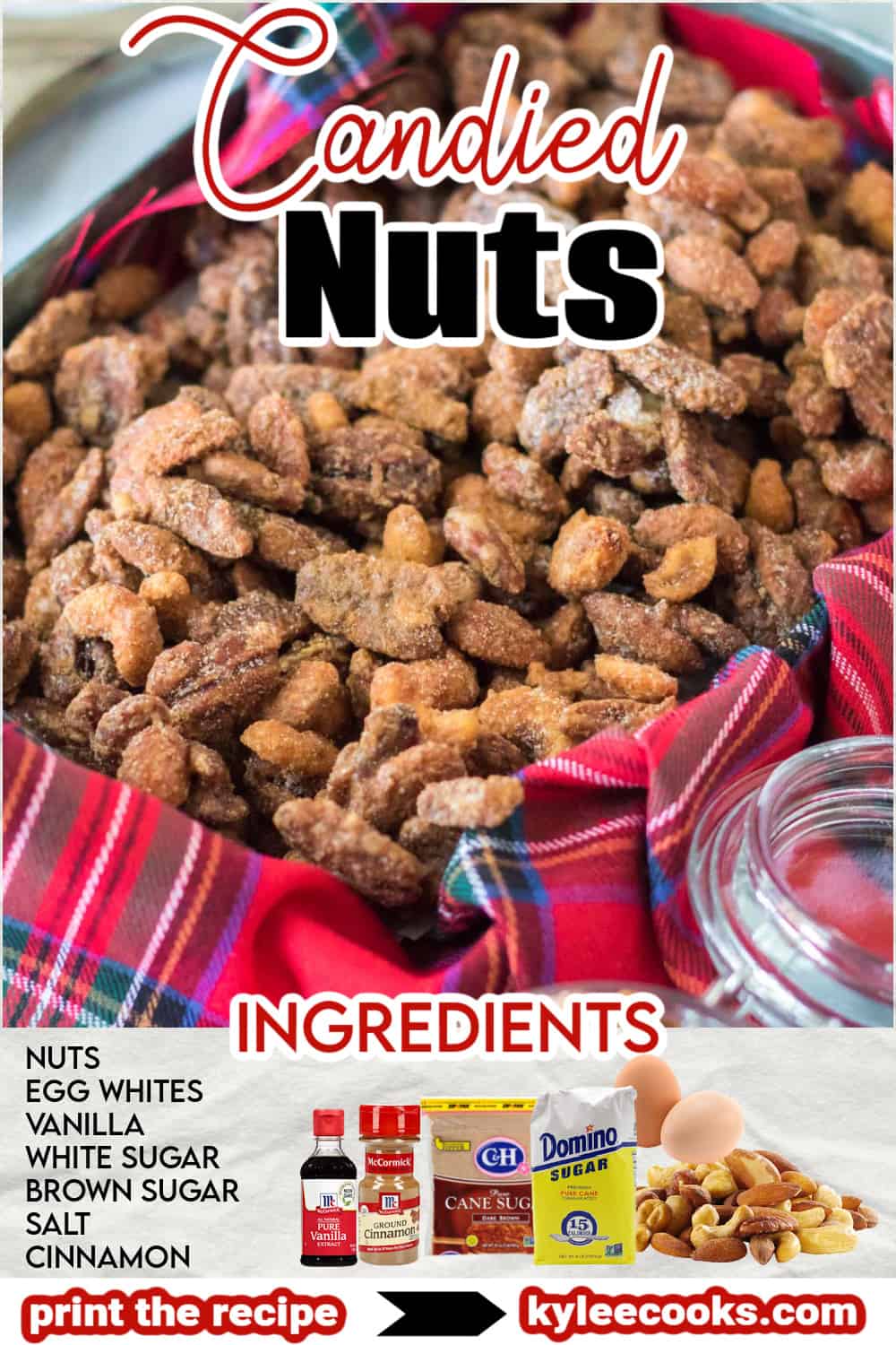 candied nuts in a tin with recipe name overlaid in text.