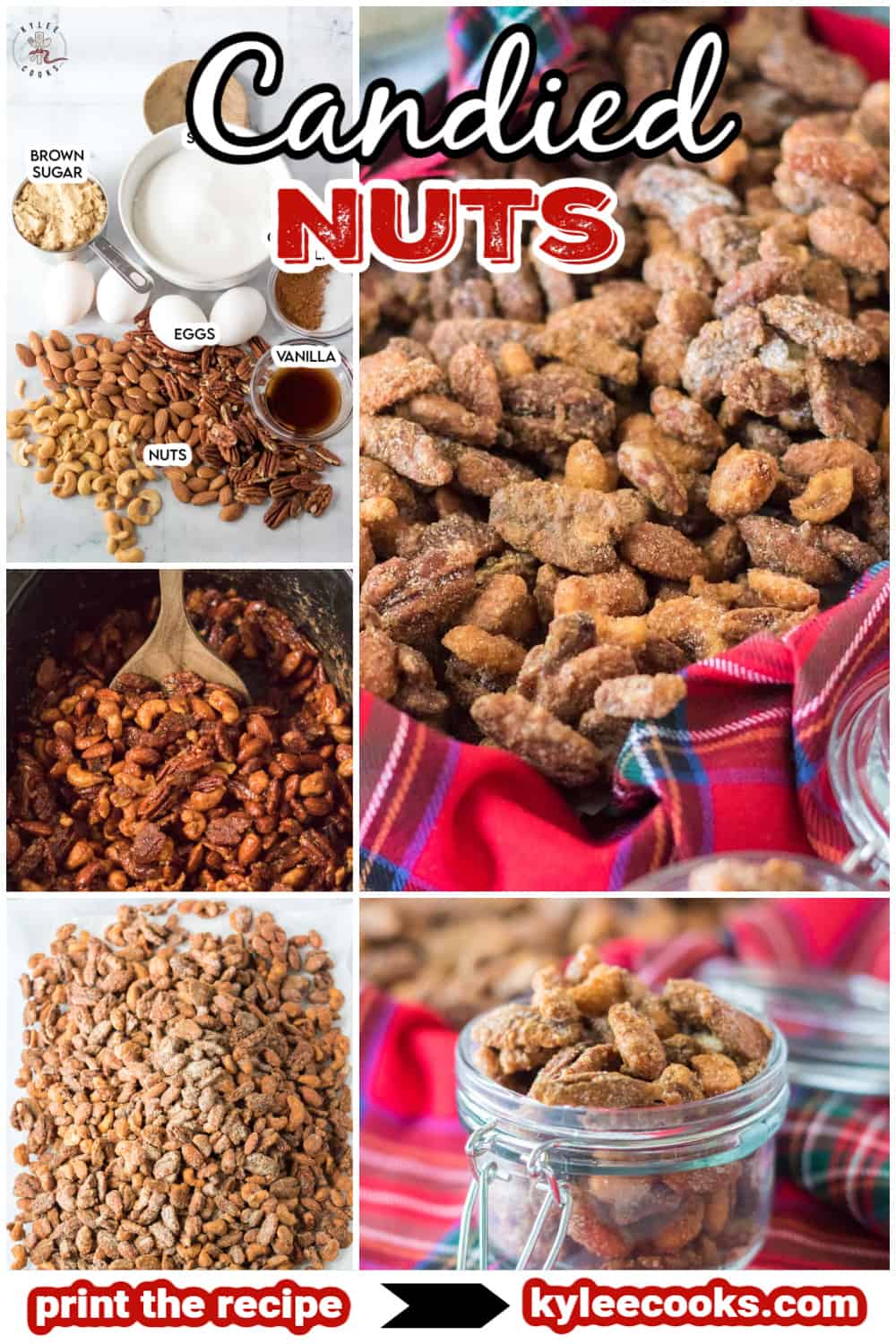 collage of candied nuts pictures with recipe name overlaid in text.