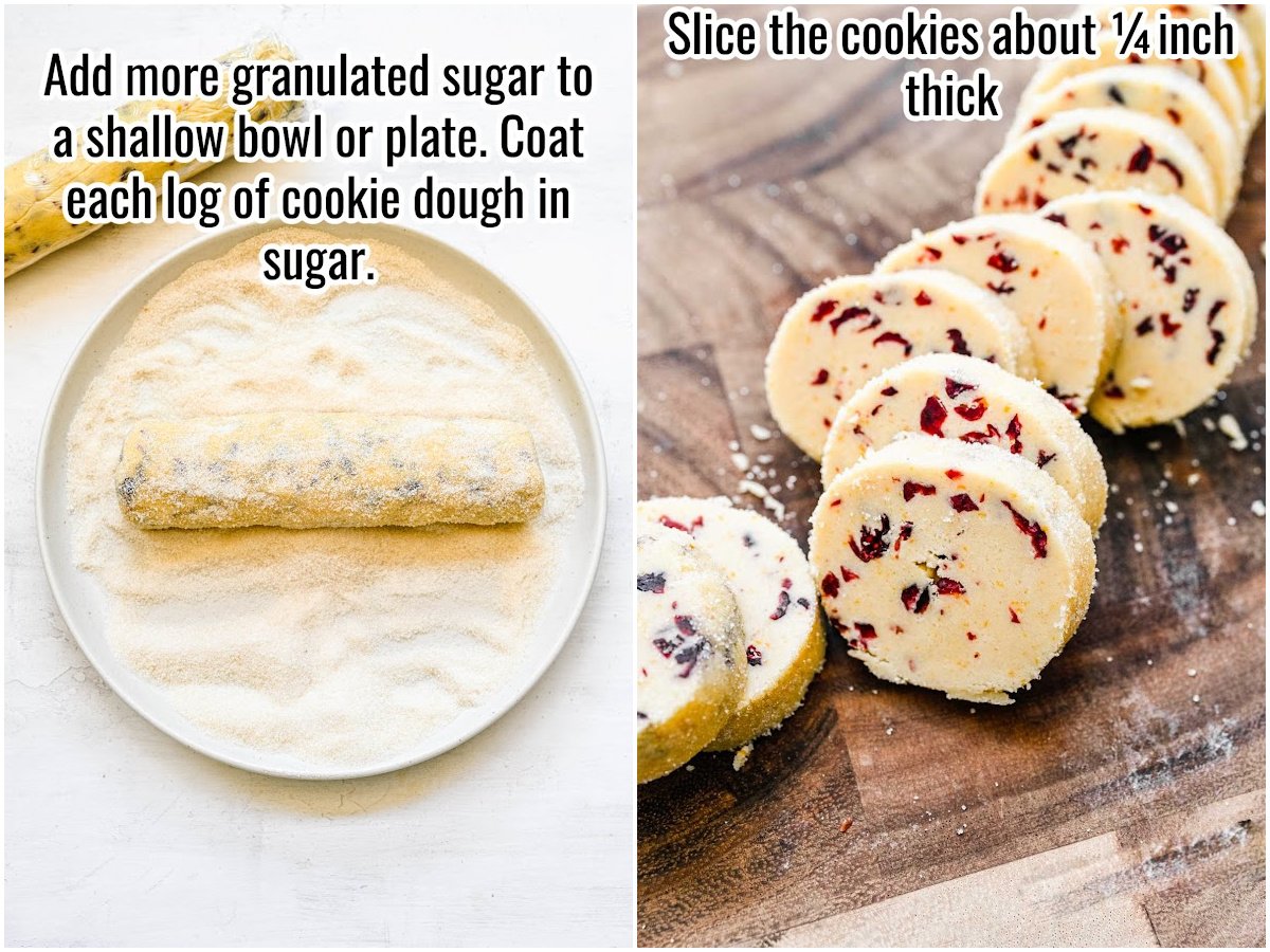 collage of a roll of cookie dough in sugar, and sliced cookies ready to bake.