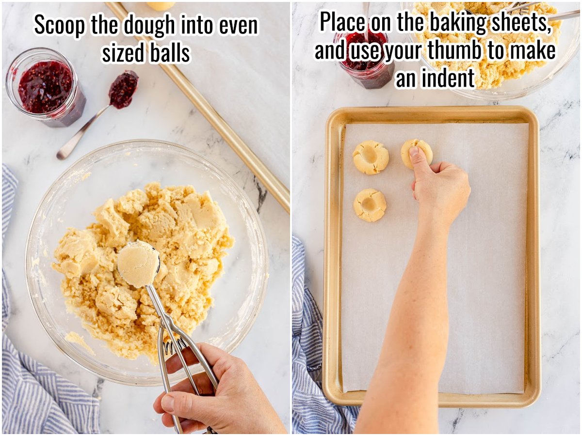 collage of process to make thumbprint cookies, scooping and indenting.