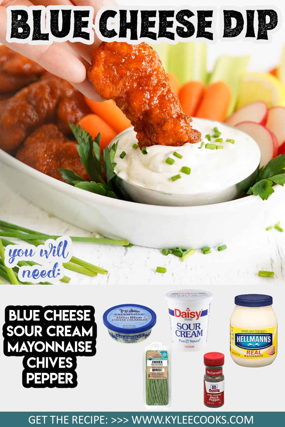 blue cheese dip with ingredients and recipe name overlaid in text.