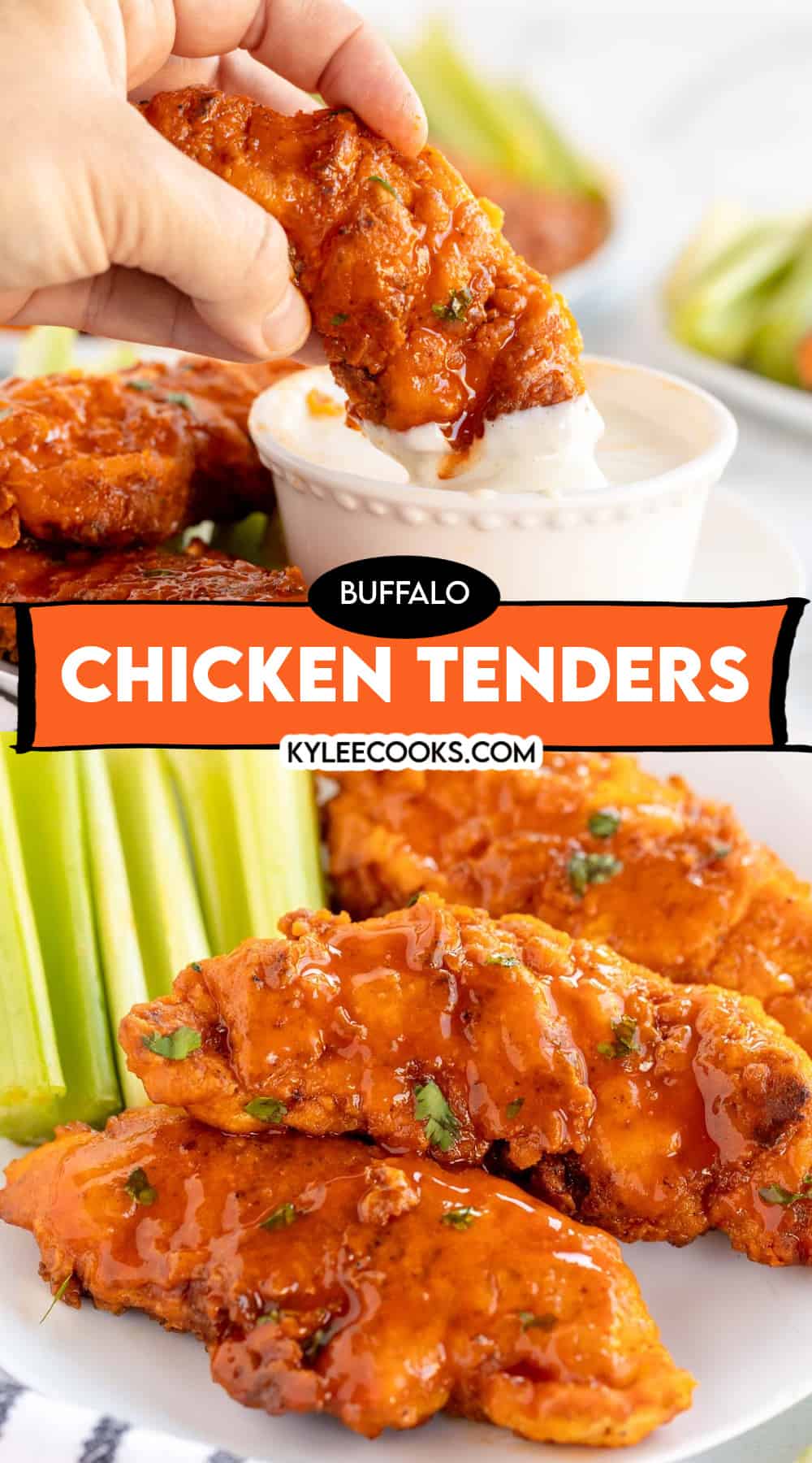 collage of buffalo chicken tenders being dipped and on a plate, with recipe name overlaid in text.