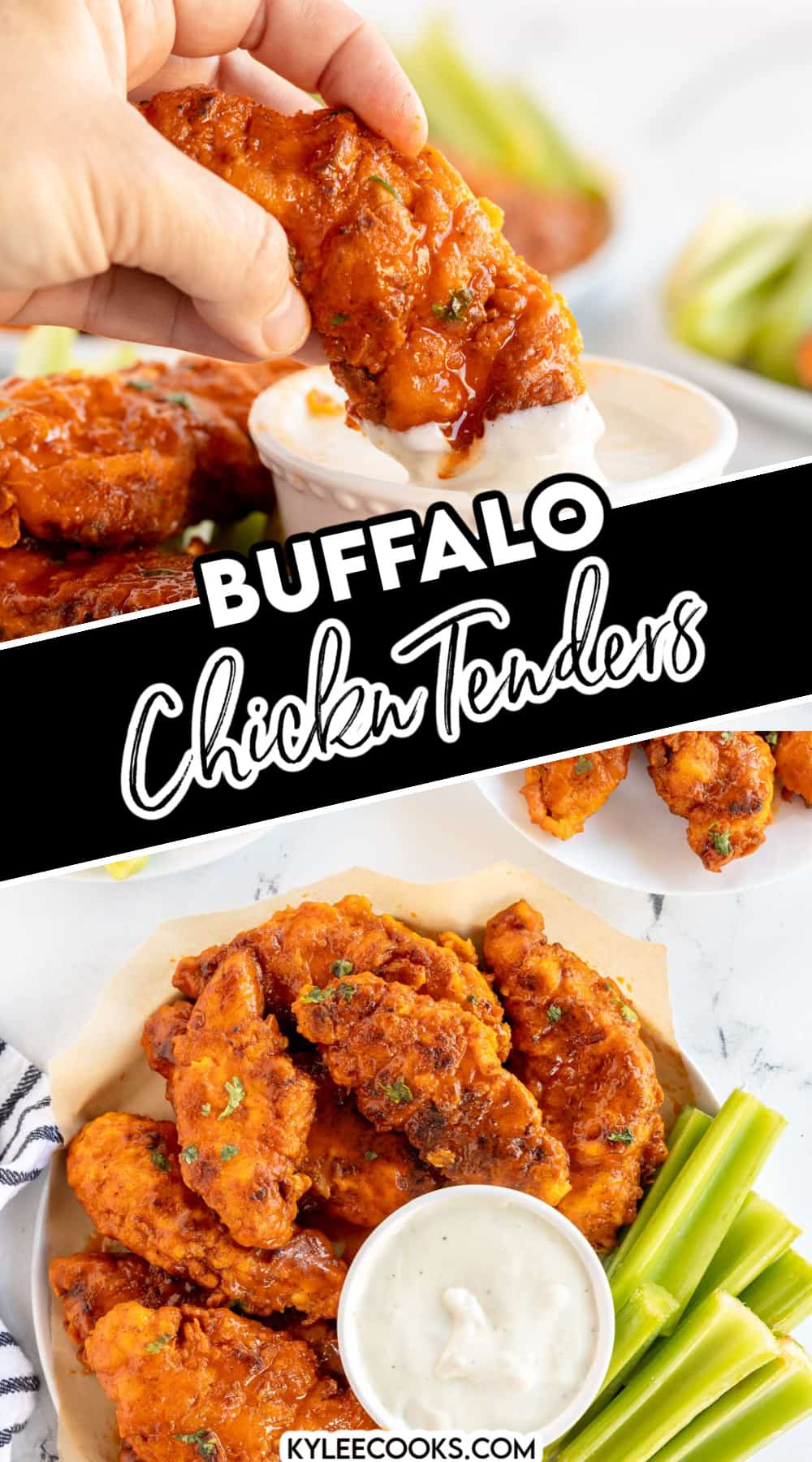 collage of buffalo chicken tenders being dipped and on a plate, with recipe name overlaid in text.