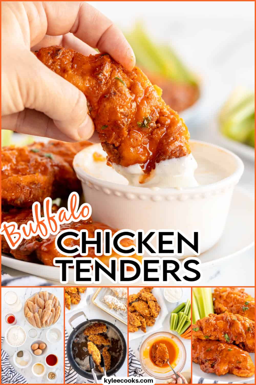buffalo chicken tenders being dipped in ranch.