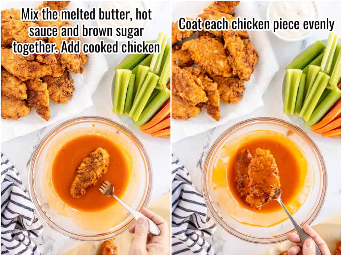 collage showing chicken tenders being dunked in buffalo sauce.