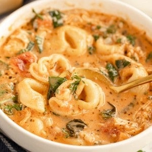 Chicken tortellini soup in a bowl with a spoon.