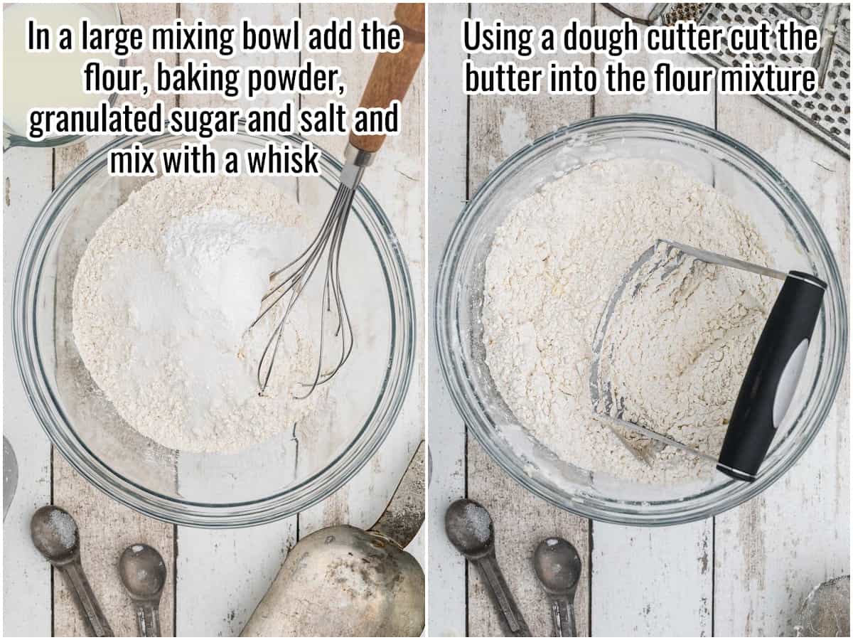 step by step making biscuits, mixing the dry ingredients.