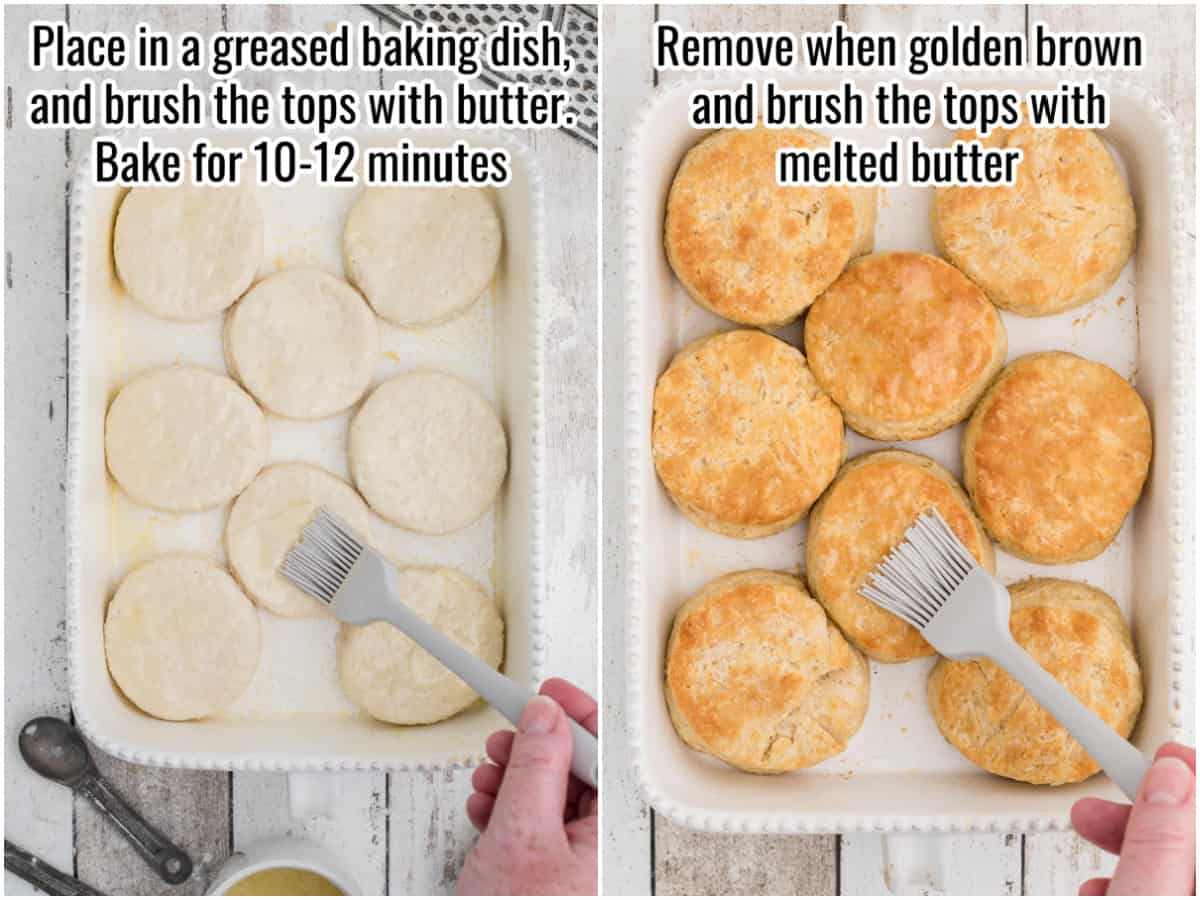 step by step making biscuits, brushing with butter, raw and cooked dough.