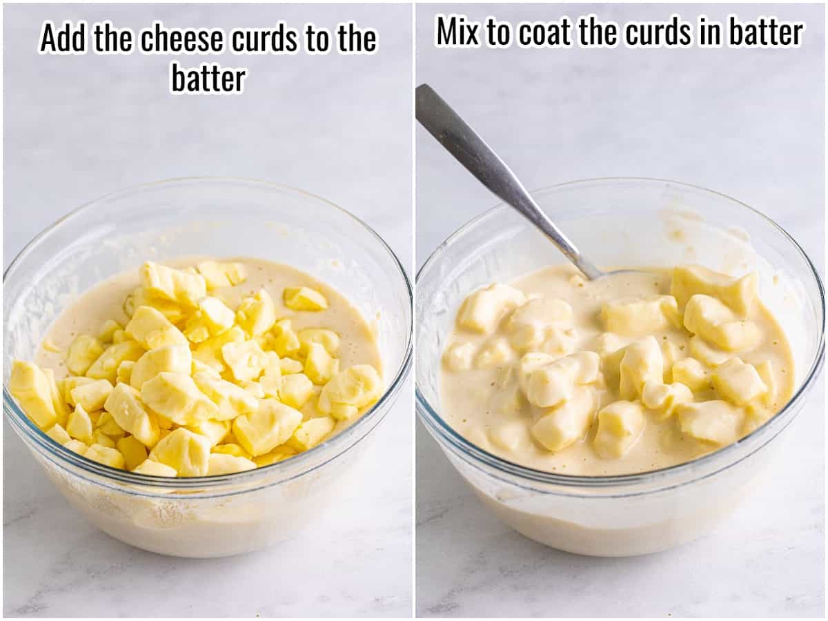 collage of step by step photos showing dipping cheese curds in batter.