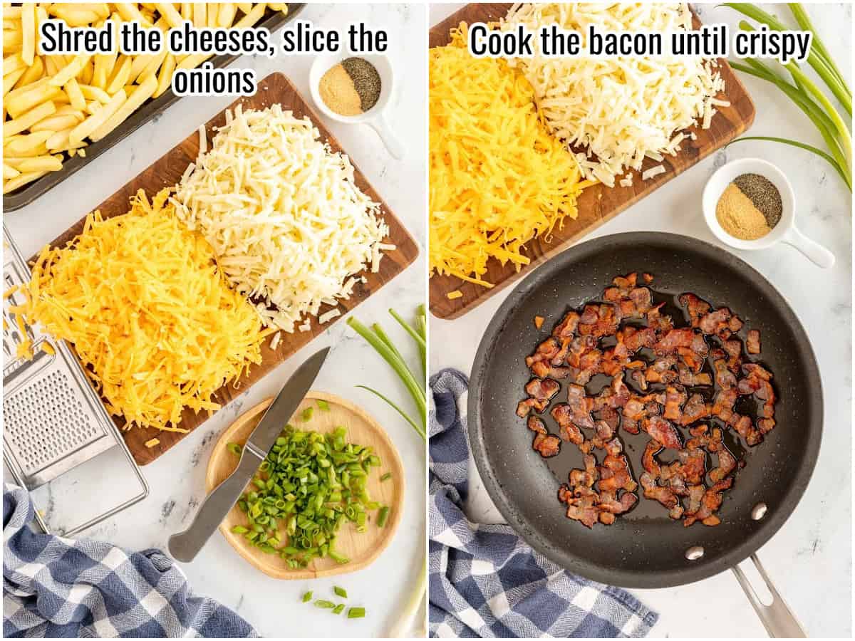 collage of process pics showing shredded cheese and cooked bacon.