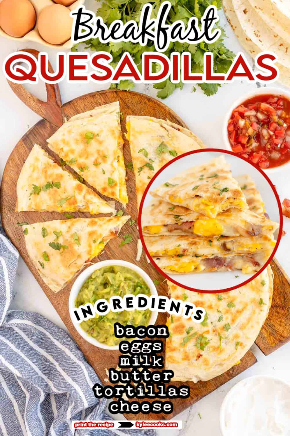Breakfast quesadillas in a stack with recipe name and ingredients overlaid in text.