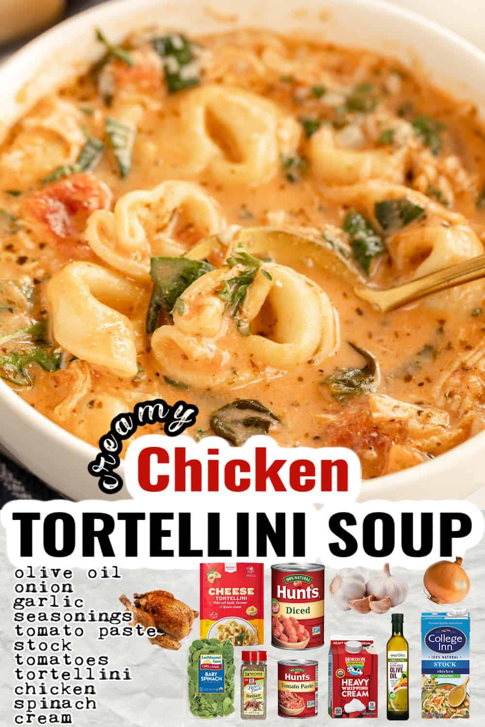 chicken tortellini soup on a ladle with ingredients overlaid in text.