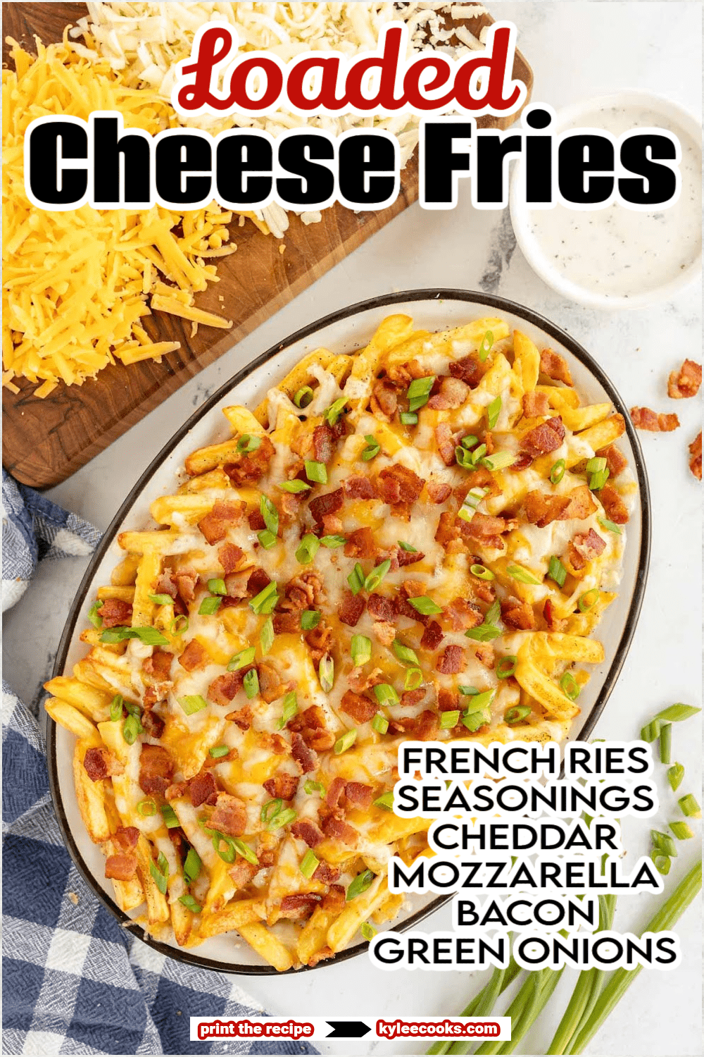 loaded cheese fries on a platter with recipe name overlaid in text.