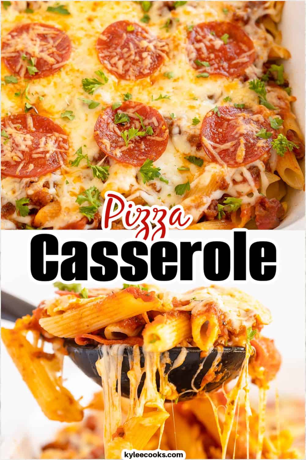 Pizza casserole in a white dish with ingredients and recipe name overlaid in text.