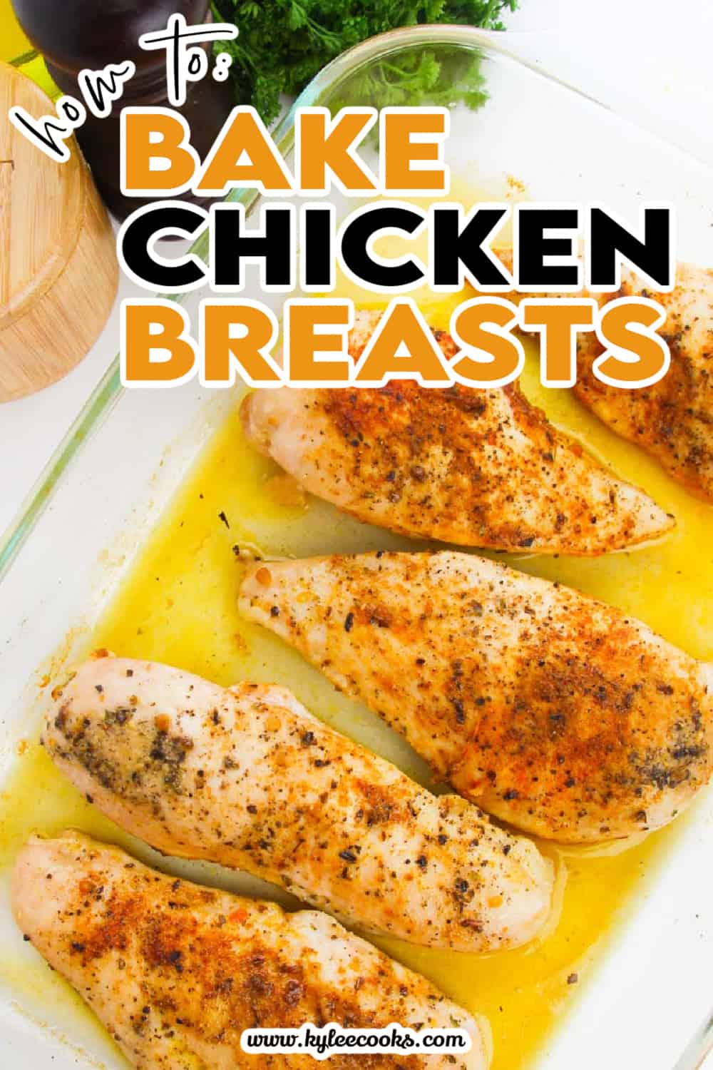chicken breasts in a white baking dish with recipe name overlaid in text.