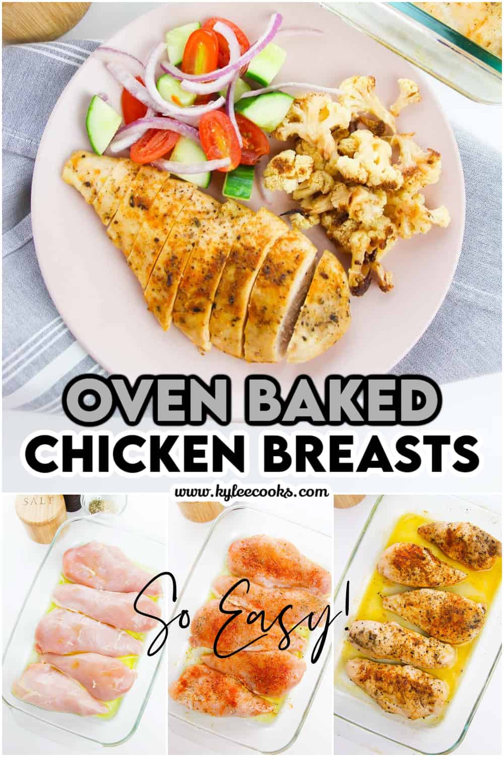 chicken breasts in a white baking dish with recipe name overlaid in text.