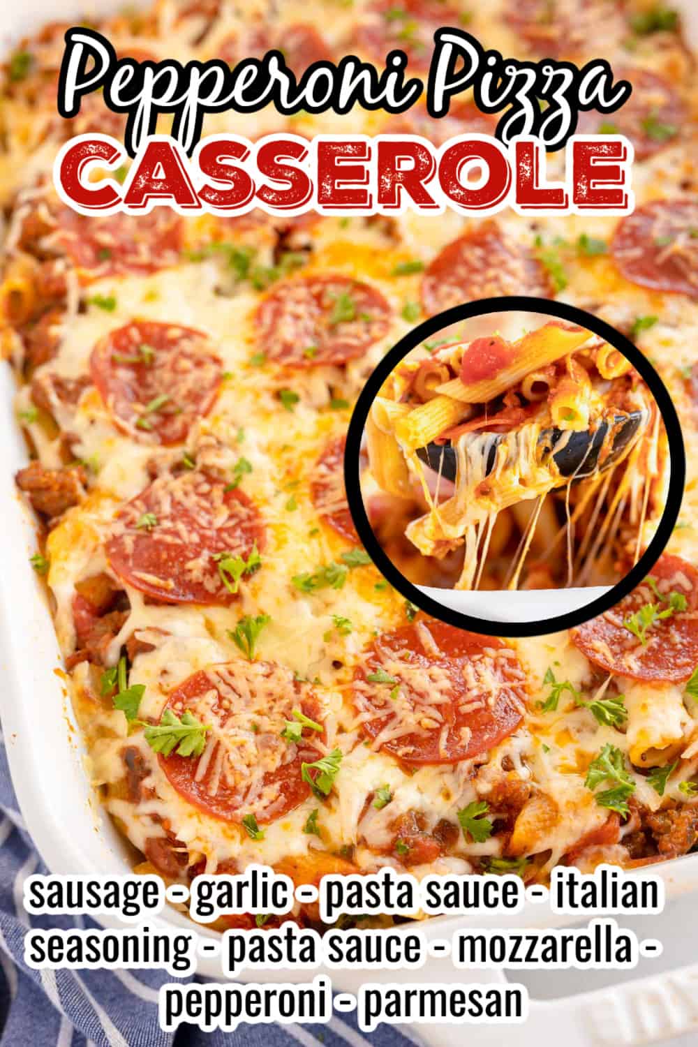 Pizza casserole in a white dish with ingredients and recipe name overlaid in text.