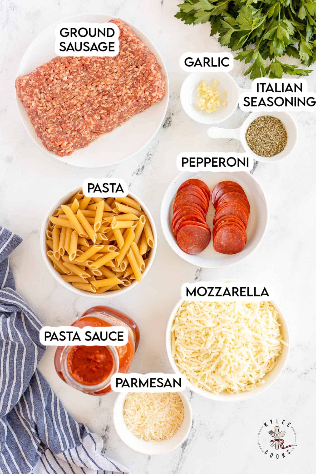 ingredients to make pizza casserole, laid out and labeled.