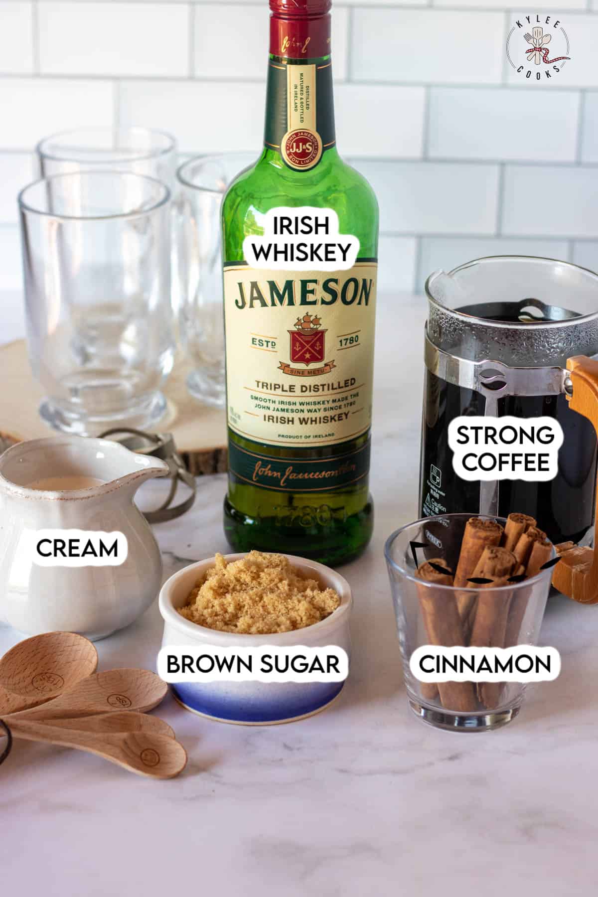 ingredients to make Irish Coffee labeled.