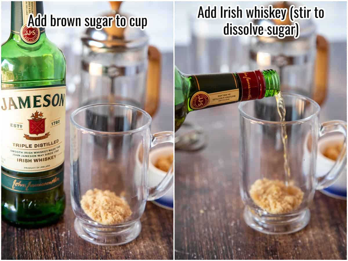 collage of process for making irish coffee. Adding sugar and whiskey.