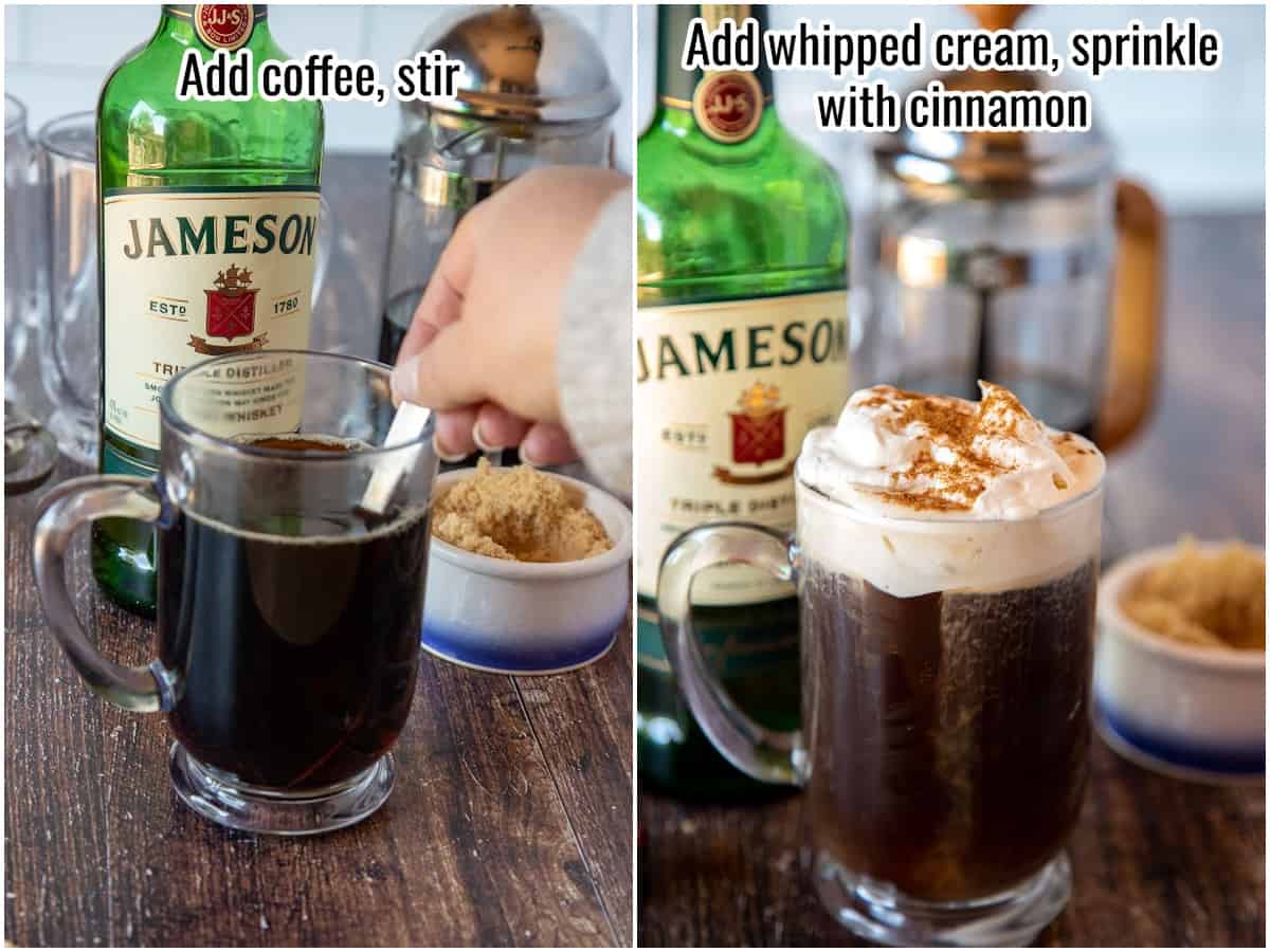 collage of process for making irish coffee. Adding coffee and cream.
