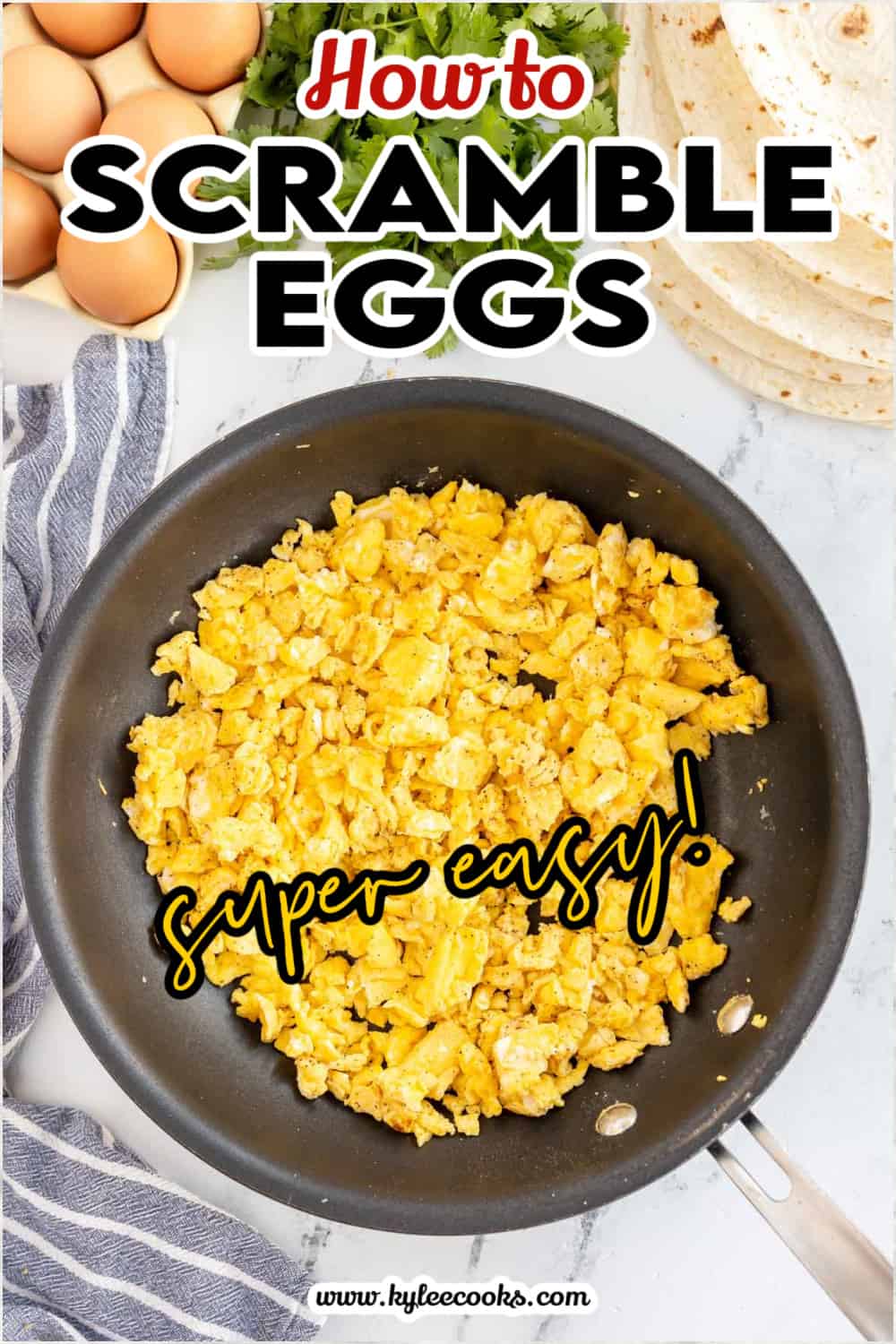 skillet with scrambled eggs in it with text overlaid.