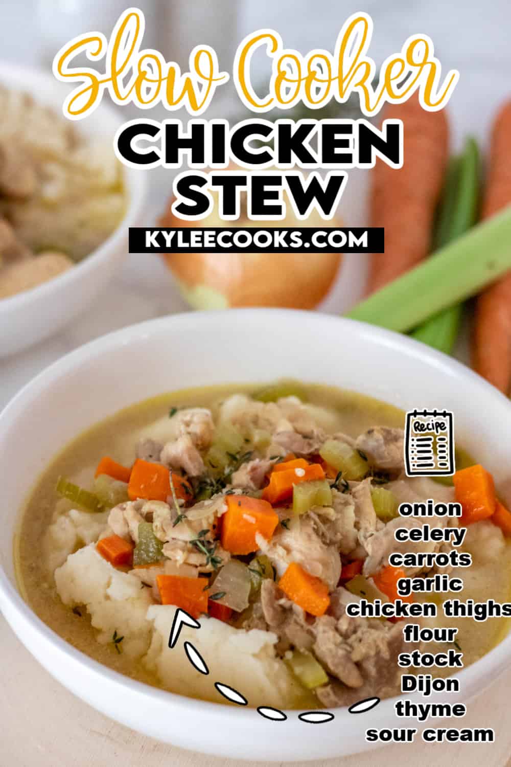 chicken stew in a white bowl with recipe name and ingredients overlaid in text.
