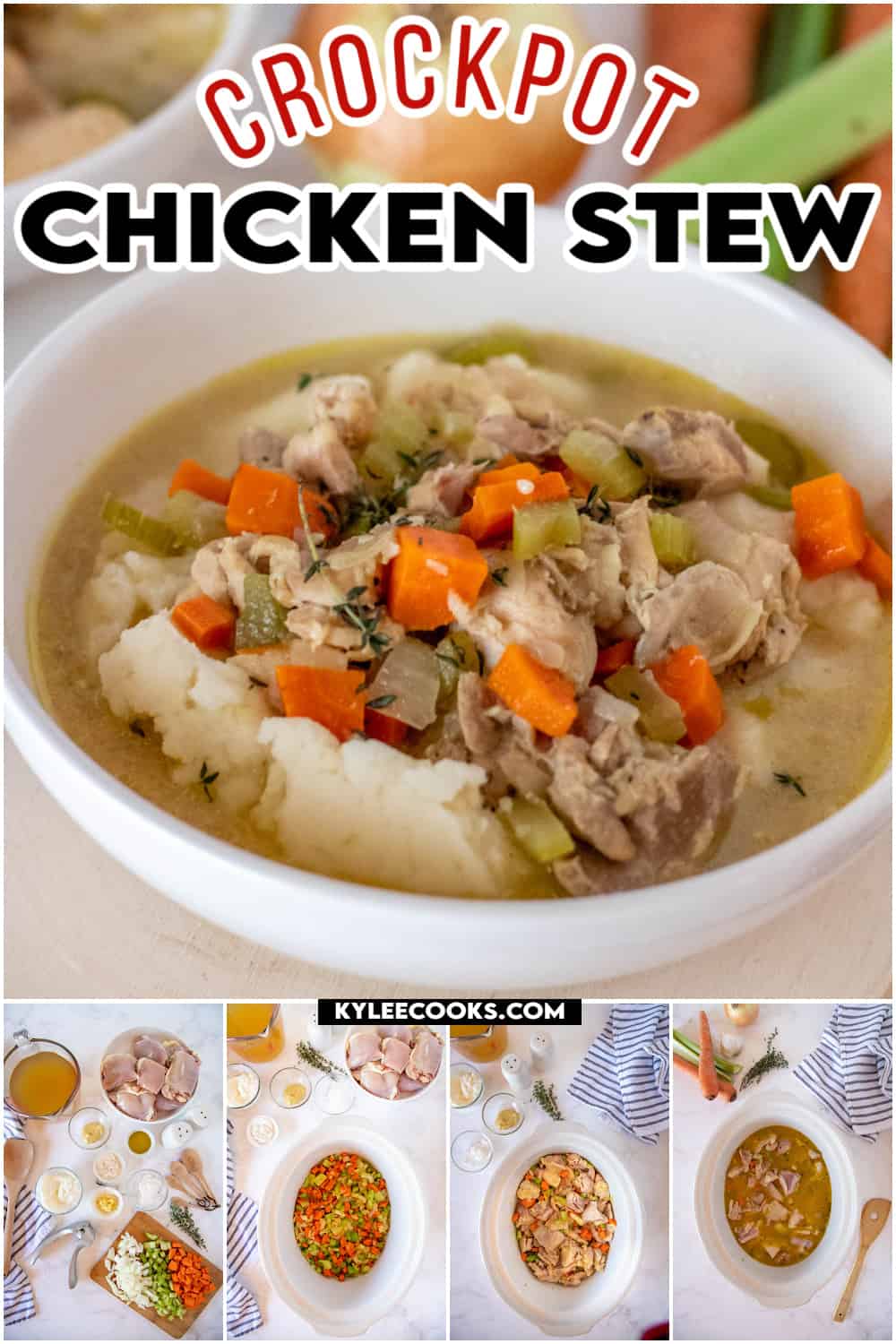 chicken stew in a white bowl with recipe name and ingredients overlaid in text.