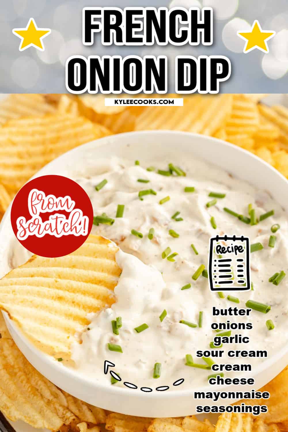 french onion dip in a bowl with chips and recipe name overlaid in text.