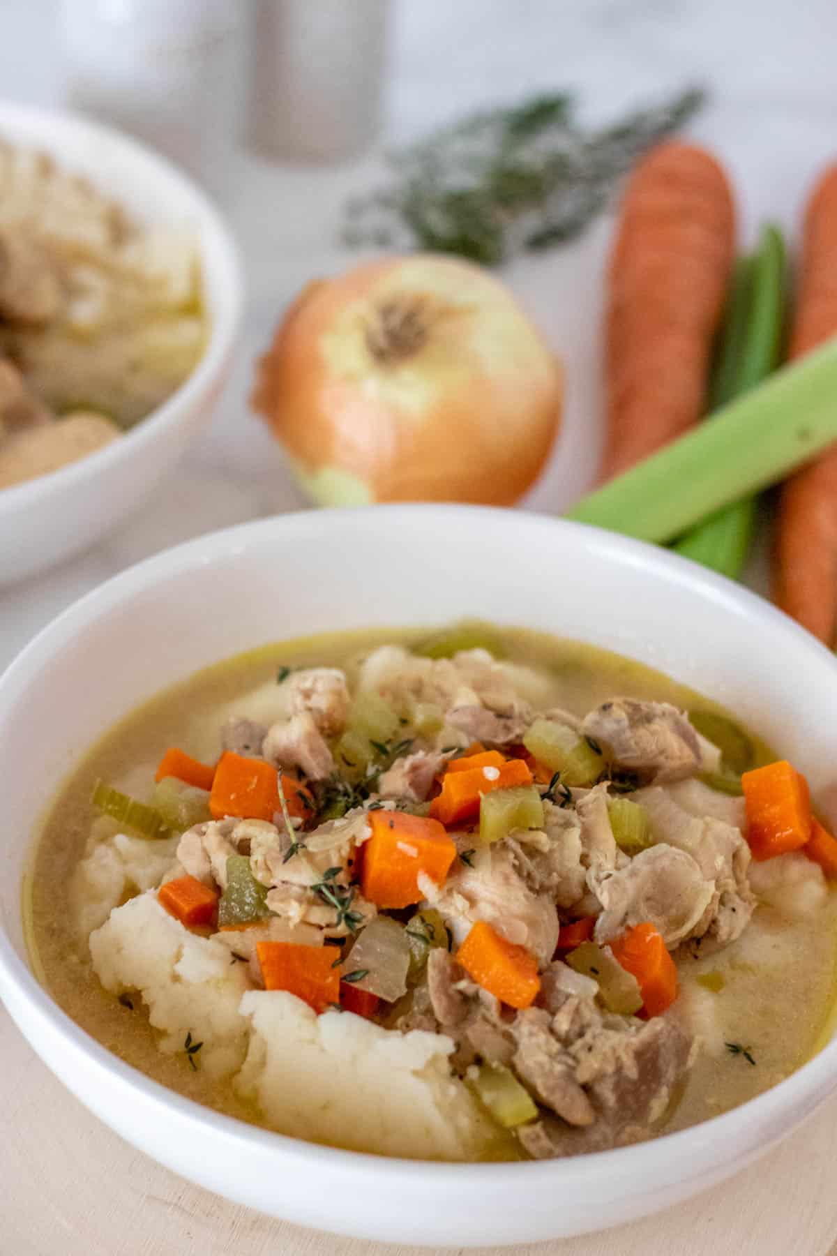 Chicken stew in a white bowl with onions and carrots in the background.