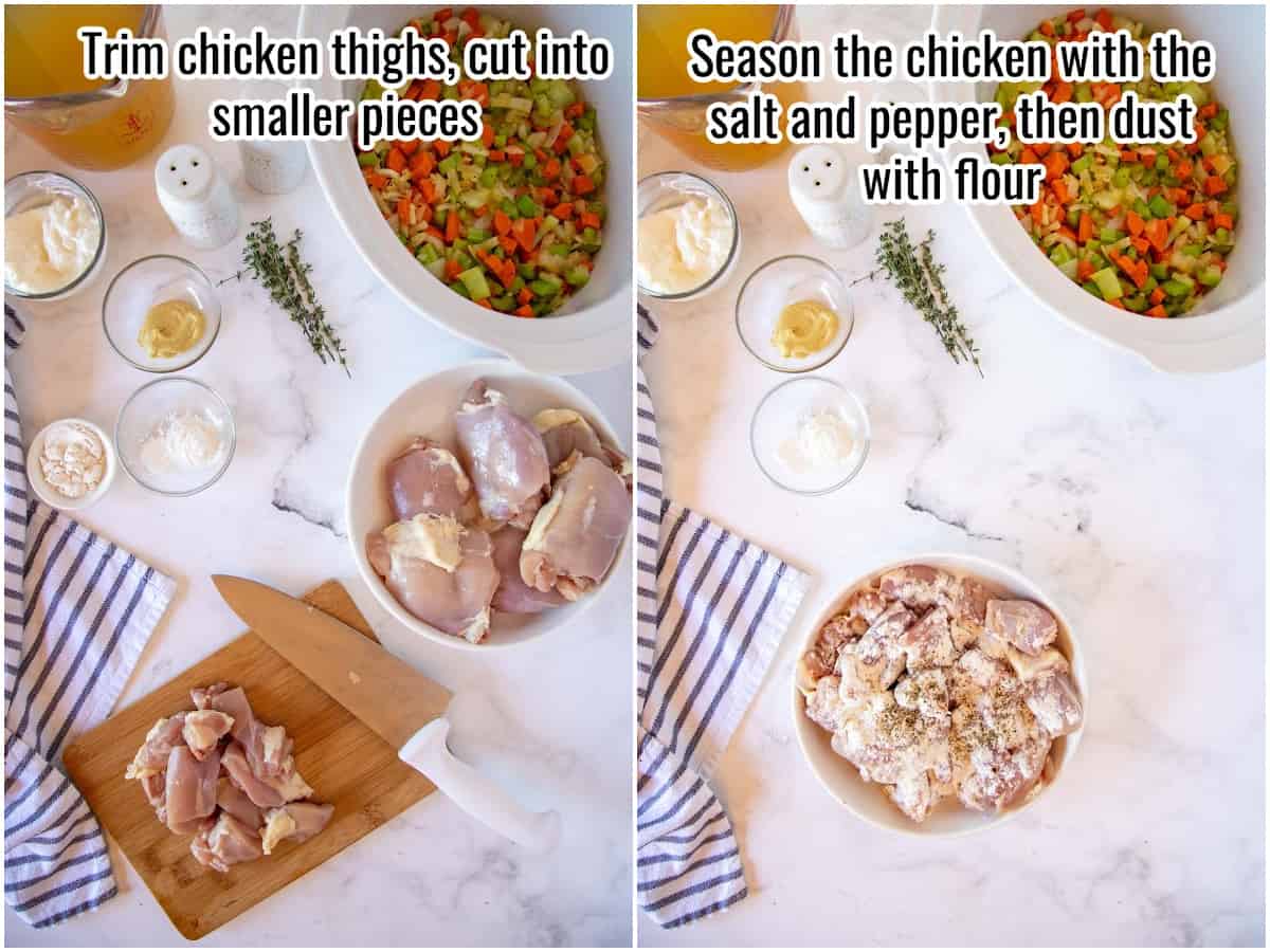 collage of prepping chicken for stew.