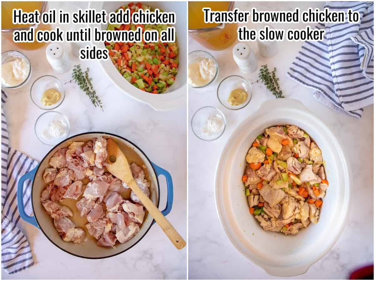 collage of sauteed chicken and chicken and veggies in a crockpot.