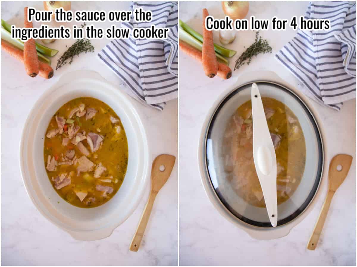 collage of uncooked stew, and a crockpot with a lid on it.