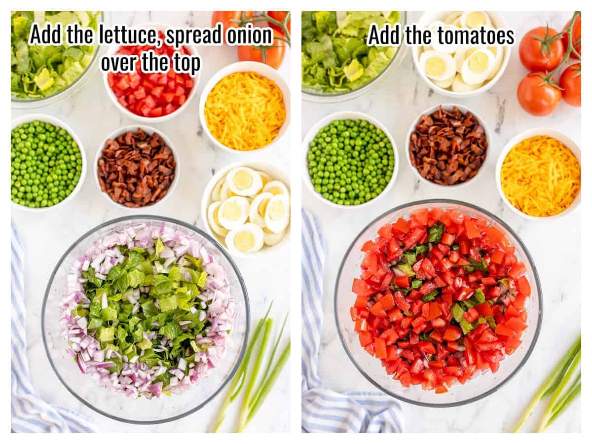 collage of step by step photos showing how to make 7 layer salad - steps 3-4