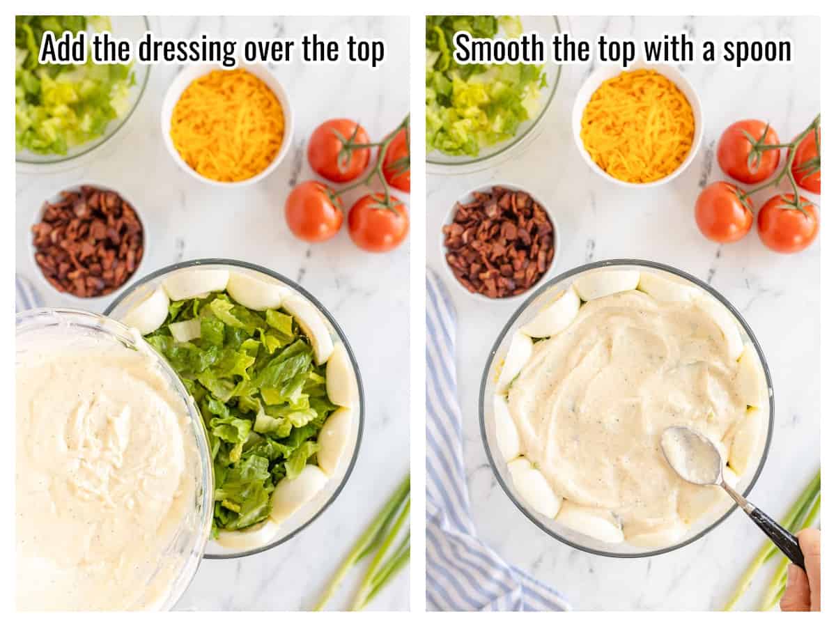 collage of step by step photos showing how to make 7 layer salad - steps 7-8