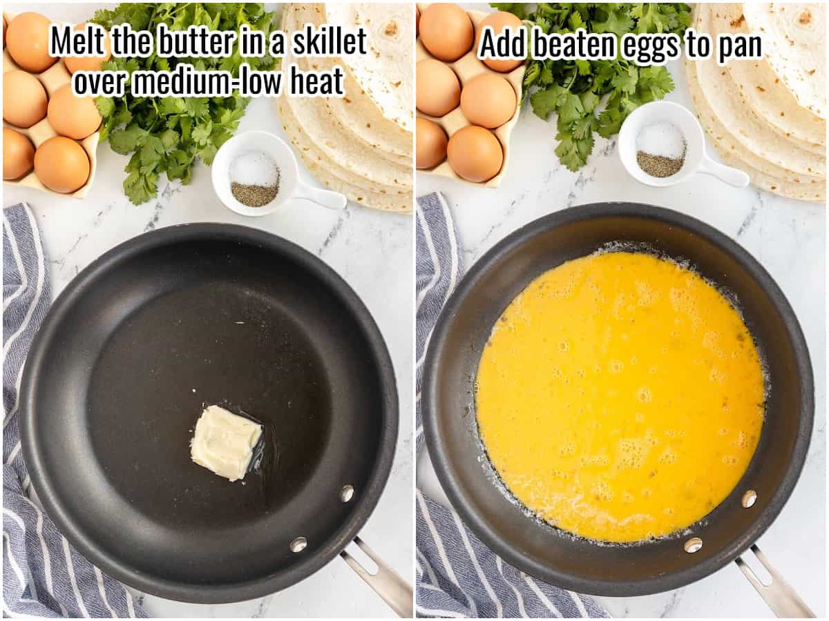 collage of butter in a skillet and beaten eggs.